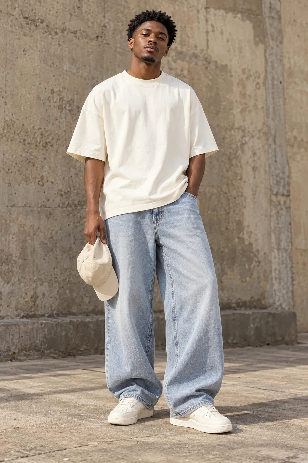 Casual outfit: a Black male model in a cream oversized tee, light-blue baggy jeans and everyday sneakers, shown head to toe